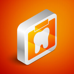 Fototapeta premium Isometric X-ray of tooth icon isolated on orange background. Dental x-ray. Radiology image. Silver square button. Vector