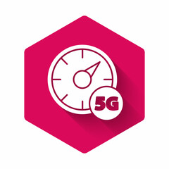 White Digital speed meter concept with 5G icon isolated with long shadow. Global network high speed connection data rate technology. Pink hexagon button. Vector