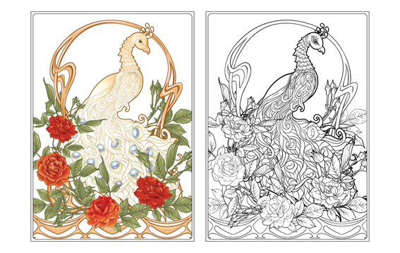 Poster with peacock and roses in art nouveau style, vintage, old, retro style. In Art deco style. Page for the adult coloring book with colored sample. Outline hand drawing vector illustration. .