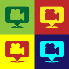 Pop art Camera and location pin icon isolated on color background. Vector