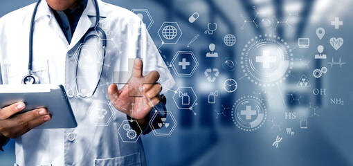 Fototapeta na wymiar Medicine doctor using digital healthcare and network connection on hologram modern virtual screen interface icons, Medical technology futuristic concept.