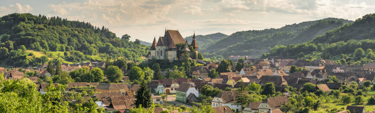 Panorama of Biertan fortified saxon church, Unesco World Heritage site, in Biertan village, Transylvania, Romania, Europe