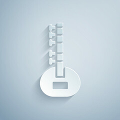 Paper cut Sitar classical music instrument icon isolated on grey background. Paper art style. Vector