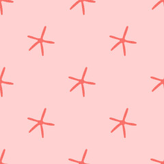 Fototapeta na wymiar Hand drawn illustration of funny cute pink starfish seamless pattern on coral background. Nautical, sea theme for backgrounds, backdrops, fabrics and wrapping paper.