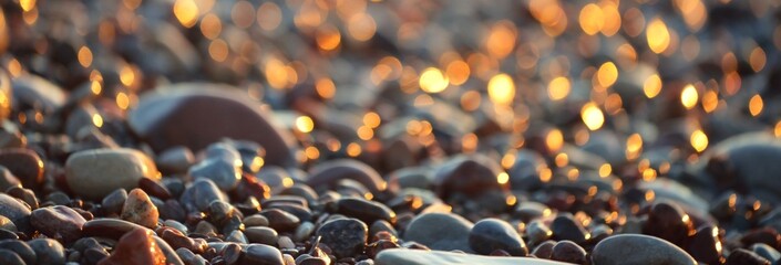 Sea shore at sunset, close-up. Pebbles, storm waves. Abstract background, details blurred in bokeh....