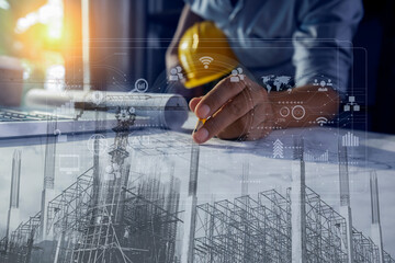 Construction and structure concept, engineer working with digital tablet computer and meeting for...