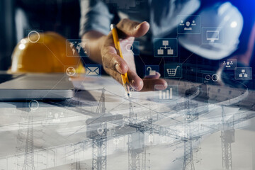 Construction and structure concept, engineer working with digital tablet computer and meeting for project working with partner on model building, technology network interface icons. 