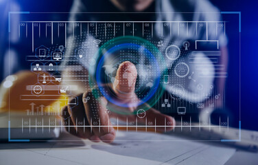 Construction and structure concept, engineer working with digital tablet computer and meeting for project working with partner on model building, technology network interface icons.