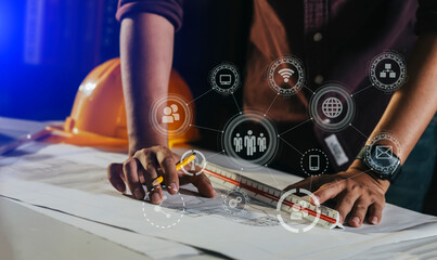 Construction and structure concept, engineer working with digital tablet computer and meeting for project working with partner on model building, technology network interface icons. 