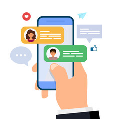 Chatting and messaging. Man and woman chatting on smartphone. hand holding mobile phone with text messages. Flat vector illustration.