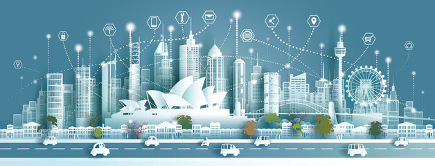 Naklejka premium Technology wireless network communication smart city with architecture landmarks Australia.