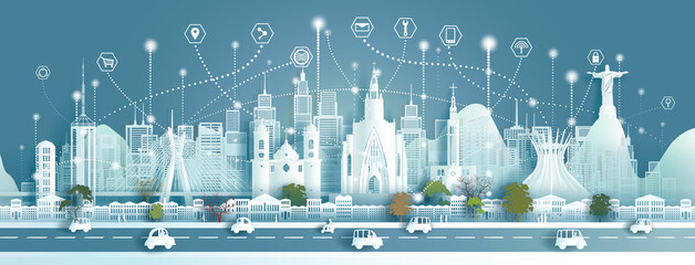 Technology wireless network communication smart city with architecture landmarks Brazil.