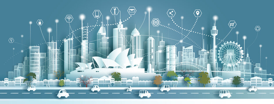 Technology Wireless Network Communication Smart City With Architecture Landmarks Australia.