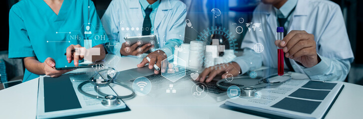 Medicine doctor using digital healthcare and network connection on hologram modern virtual screen...