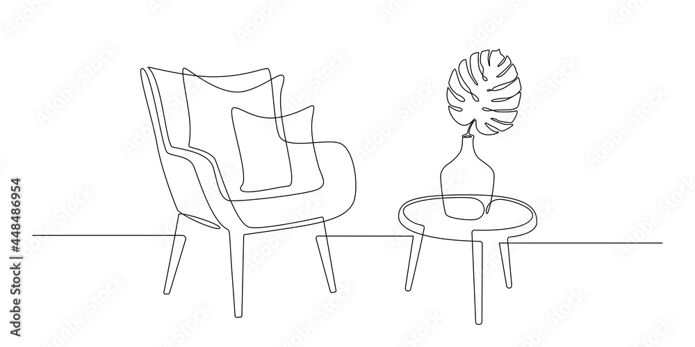 Poster Continuous one line drawing of armchair with cushions and table with vase with monstera leaf. Scandinavian stylish furniture in simple Linear style. Doodle vector illustration