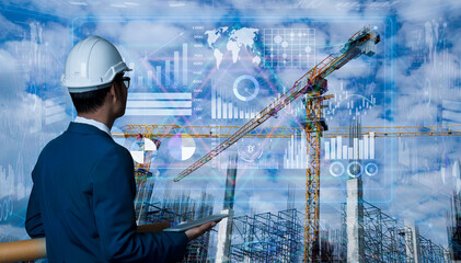 Future building construction engineering and technology project concept. double exposure graphic...