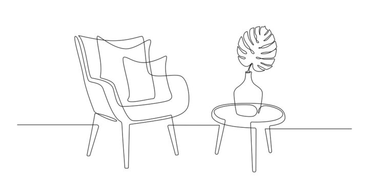 Continuous one line drawing of armchair with cushions and table with vase with monstera leaf. Scandinavian stylish furniture in simple Linear style. Doodle vector illustration