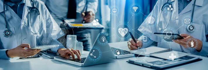 Medicine doctor using digital healthcare and network connection on hologram modern virtual screen...