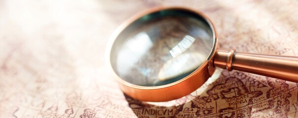 Retro copper colored magnifying glass and old white nautical chart close-up. Vintage still life. Sailing accessories. Travel, navigation concepts, collecting, graphic resource, hand lens, optics