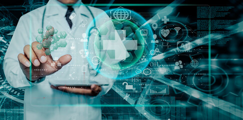 Medicine doctor using digital healthcare and network connection on hologram modern virtual screen interface icons, Medical technology futuristic concept.
