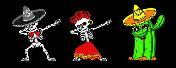 Funny cartoon mexican skeleton man and woman and cactus in sombrero make DAB move, dancing hip hop style. Day of the Dead vector illustration.