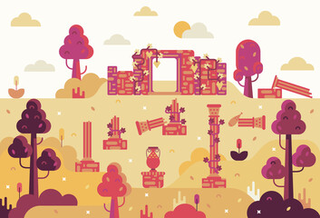 Vector cartoon illustration in flat design. Unearthed remains of an european ancient civilization