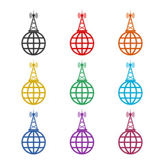 World broadcasting news antenna glyph color icon set