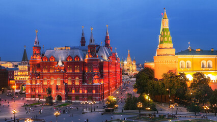 Evening aerial view on illuminated Kremlin, historical museum and Red Square