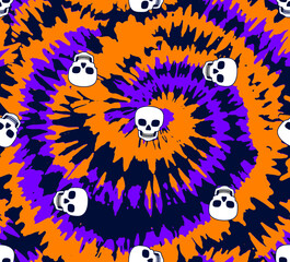 Naklejka premium Tie dye spiral circle seamless pattern with skull.