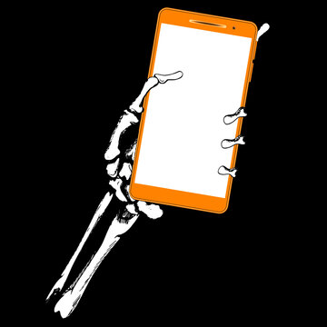 Skeleton hand with orange smartphone. Empty space on screen.