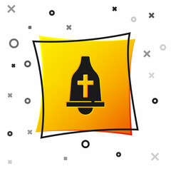 Black Church bell icon isolated on white background. Alarm symbol, service bell, handbell sign, notification symbol. Yellow square button. Vector