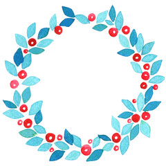 Green mint leaves and red berries wreath watercolor for decoration on Christmas holiday festival.