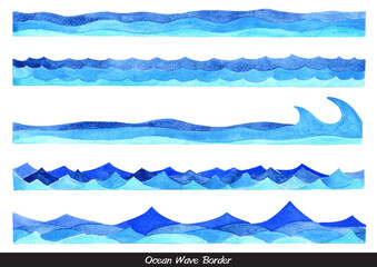 Abstract ocean wave watercolor hand painting border for decoration on summer holiday and coastal concept.