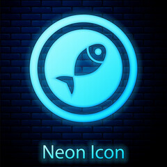 Glowing neon Served fish on a plate icon isolated on brick wall background. Vector