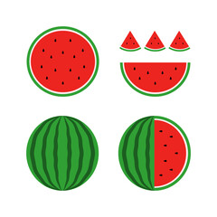 Slice and whole watermelon set. Vector illustration. Sweet watermelon isolated on white background.