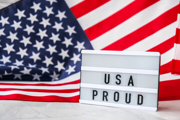 American flag. Lightbox with text USA PROUD Flag of the united states of America. July 4th...
