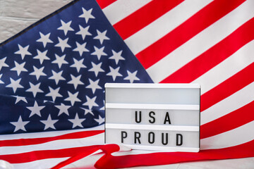 American flag. Lightbox with text USA PROUD Flag of the united states of America. July 4th...