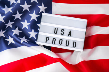 American flag. Lightbox with text USA PROUD Flag of the united states of America. July 4th...
