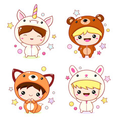 Set of kawaii boy and girl in animal costumes