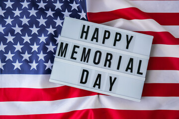 American flag. Lightbox with text HAPPY MEMORIAL DAY Flag of the united states of America. July 4th...