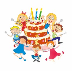 composition for a birthday with a cake and happy children