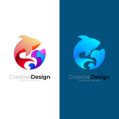Fototapeta premium Fish logo and wave design combination, 3d colorful logo with circle