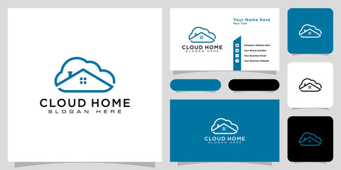 cloud home logo vector line style and business card