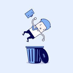 Businessman dropped into trashcan layoff. Cartoon character thin line style vector.
