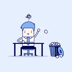 Businessman have no idea and throwing crumpled paper to trash. Cartoon character thin line style vector.