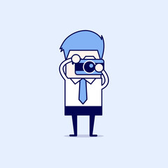 Businessman takes a picture with camera. Cartoon character thin line style vector.