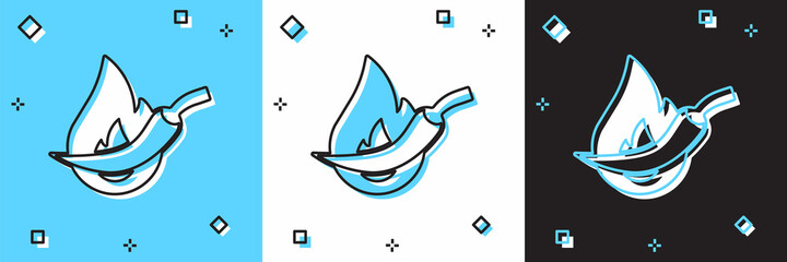 Set Hot chili pepper pod icon isolated on blue and white, black background. Design for grocery, culinary products, seasoning and spice package, cooking book. Vector