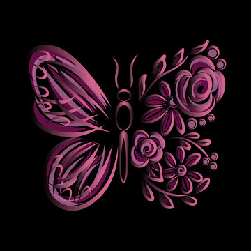 butterfly flowers beauty modern style purple gradient black background