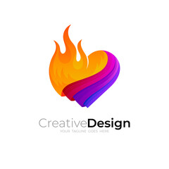 Love logo and fire icon template, 3d colorful illustration, hot design