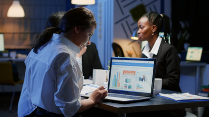 Business entrepreneur woman writing financial statistics analyzing graphs presentation on computer whilebcoworkers brainstorming ideas. Multi ethnic business team working in meeting room in evening